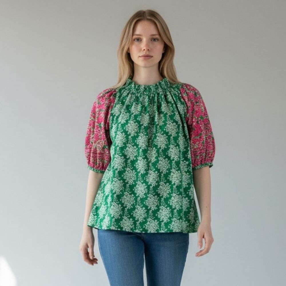 NWT THML Blouse Womens S Green Pink Embroidered Floral Puff Sleeve Button Back